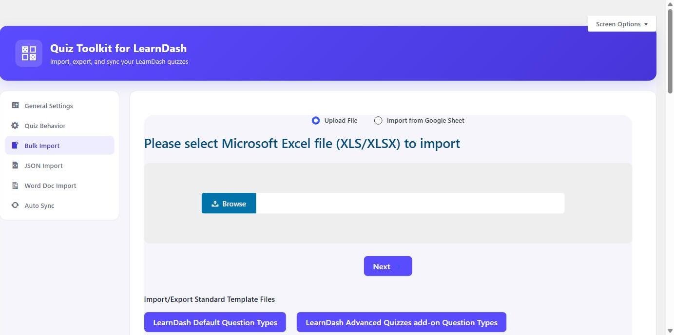 Quiz Toolkit bulk import screen
