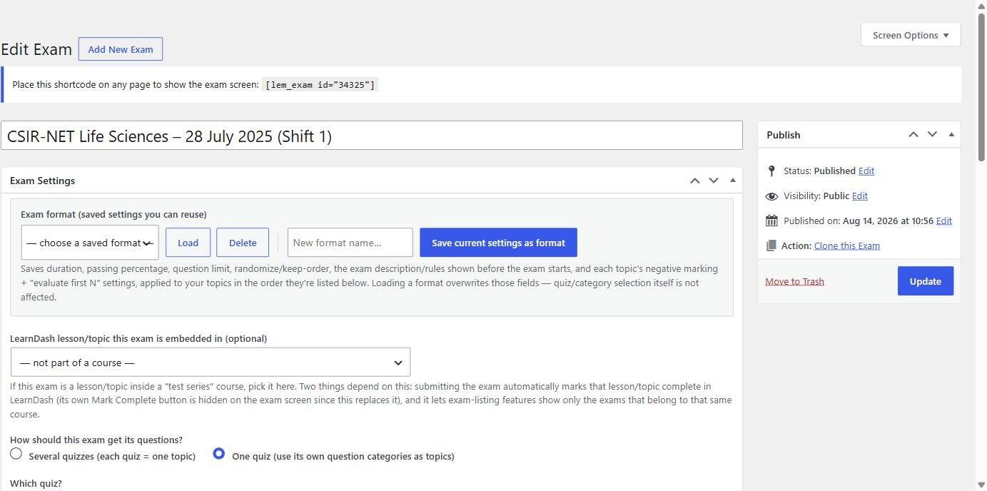 Exam Mode settings screen inside the WordPress admin