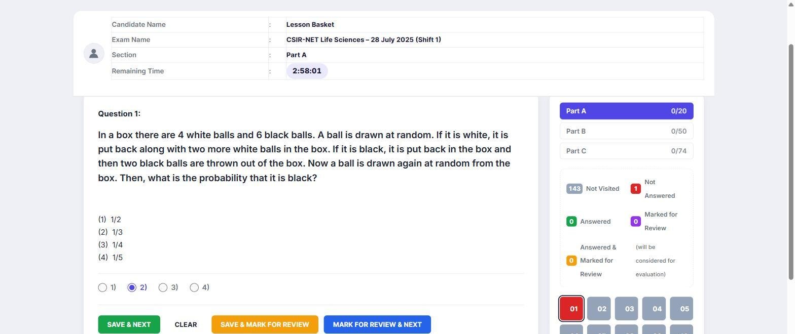 Exam Mode live exam screen with section tabs and timer