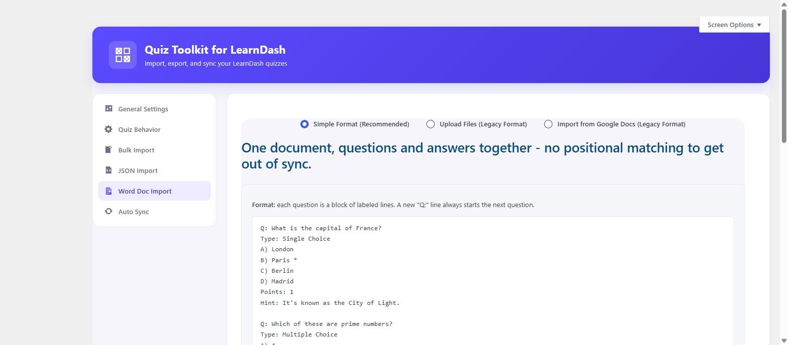 Quiz Toolkit Word document import format screen