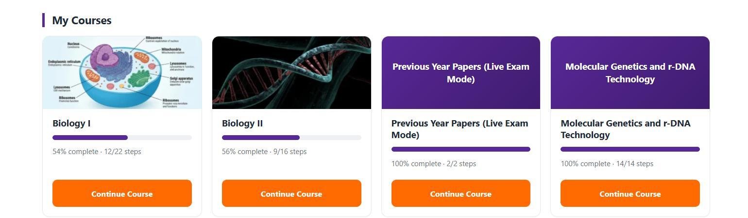 Student Dashboard course list with progress bars