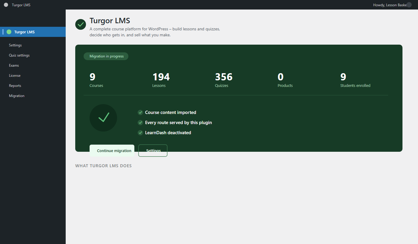 Turgor LMS admin overview screen showing migration progress and course, lesson, and quiz counts