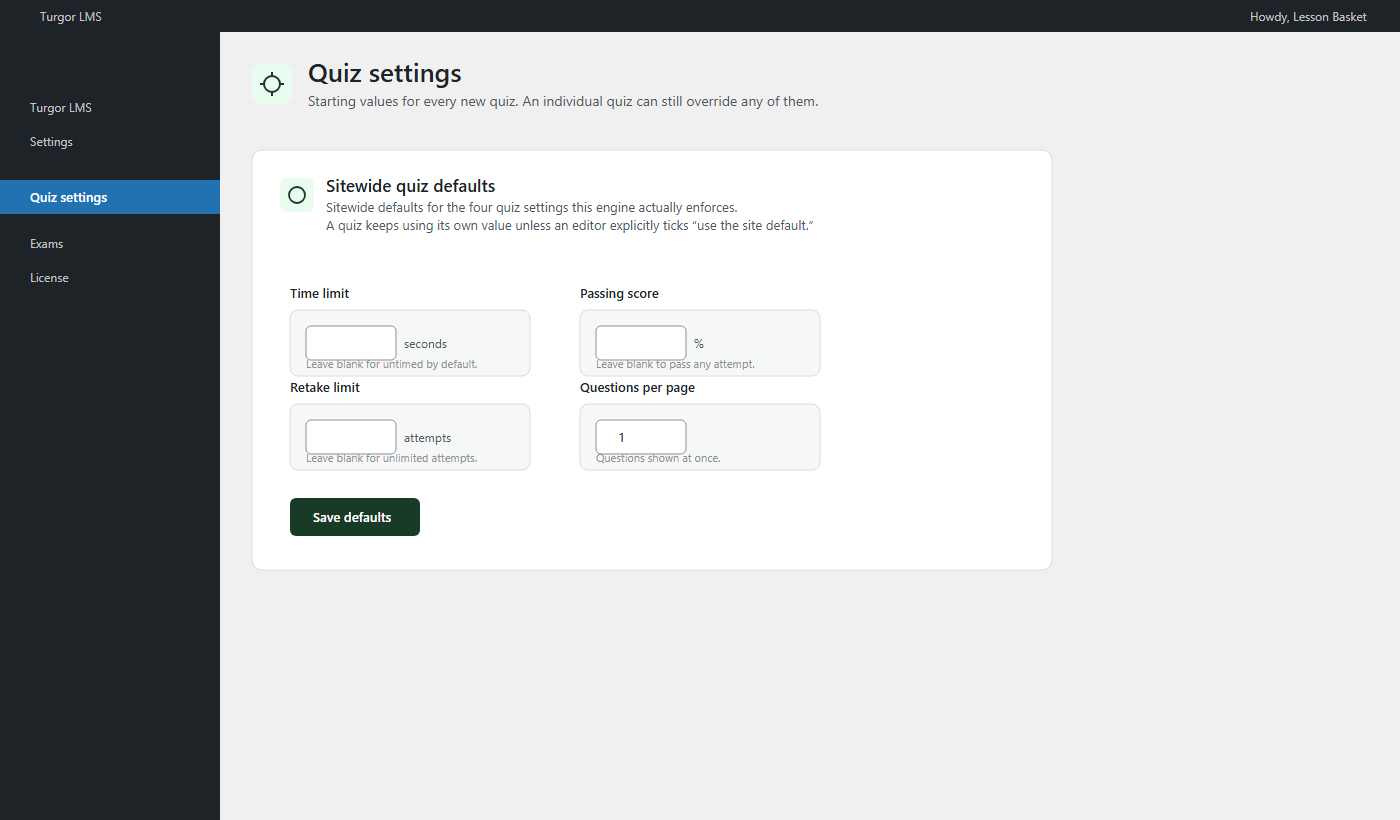 Turgor LMS quiz settings screen with sitewide defaults for time limit, passing score, retakes, and questions per page